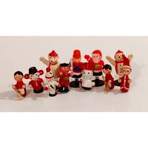 Vintage Miniature Christmas Figurines Lot Of 11 Wood & Plastic Mix